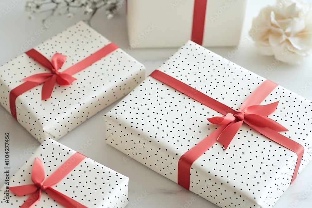 Beautifully wrapped presents on a table with delicate ribbon accents in a bright setting Beautifully wrapped presents on a table with delicate ribbon accents in a bright setting