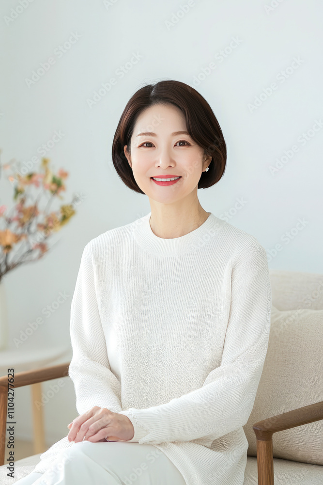 Asian female adult smiling in cozy living room with floral decor Asian female adult smiling in cozy living room with floral decor