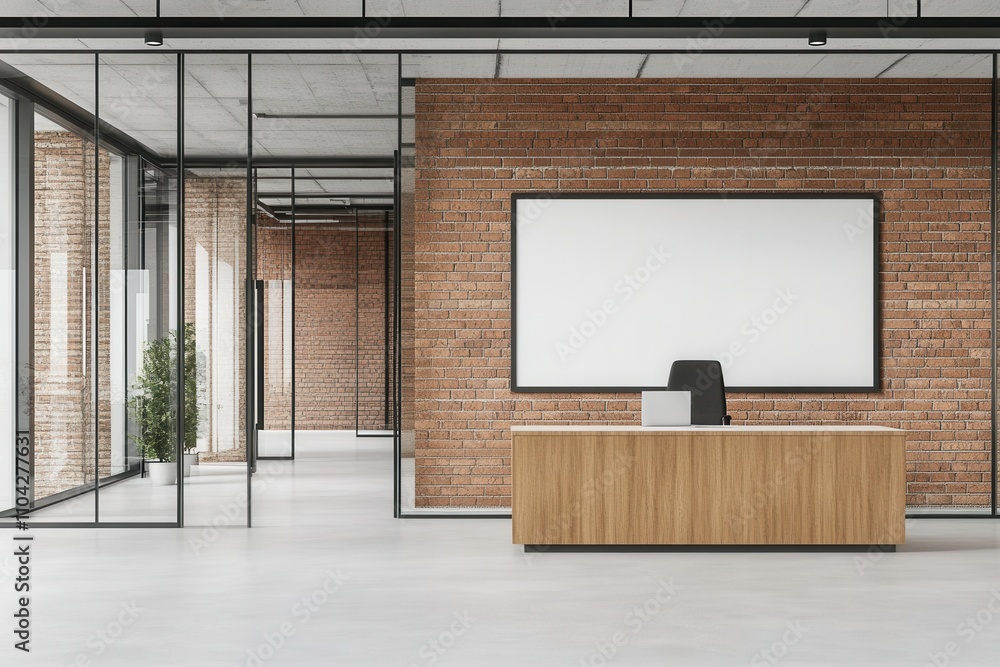 Welcoming office lobby showcasing a blank white wall Welcoming office lobby showcasing a blank white wall