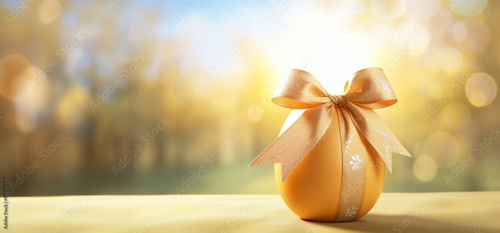 Festive Easter egg wrapped with a golden ribbon, placed on fresh green grass under a sunny sky. A colorful and cheerful scene celebrating spring and Easter traditions