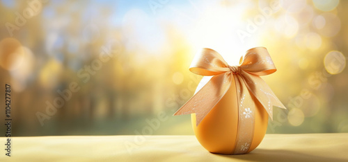 Obraz na płótnie Festive Easter egg wrapped with a golden ribbon, placed on fresh green grass under a sunny sky. A colorful and cheerful scene celebrating spring and Easter traditions w salonie