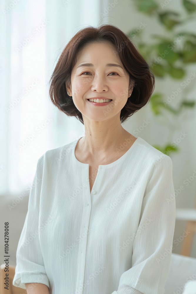 Asian mature female smiling in bright room with plants Asian mature female smiling in bright room with plants