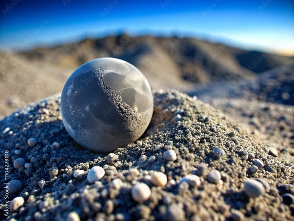 A spherical object sits prominently on a textured sandy surface in a vast desert environment. The arid landscape features distant hills and a clear blue sky, creating an intriguing contrast A spherical object sits prominently on a textured sandy surface in a vast desert environment. The arid landscape features distant hills and a clear blue sky, creating an intriguing contrast