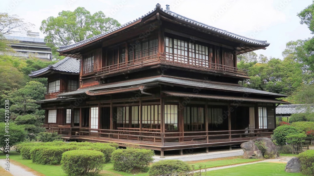 Traditional Wooden Japanese House Surrounded by Lush Greenery Traditional Wooden Japanese House Surrounded by Lush Greenery