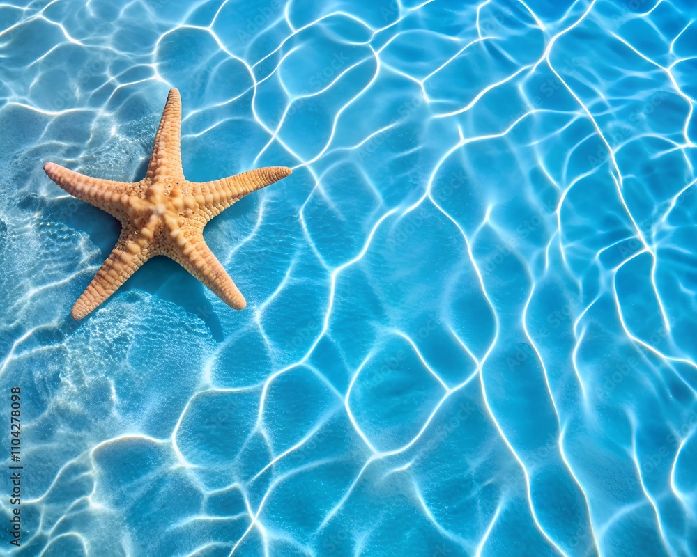 A beautiful starfish lies on the shimmering ocean floor, surrounded by glistening waves and captivating sunlight patterns. The water\'s clarity enhances the serene atmosphere A beautiful starfish lies on the shimmering ocean floor, surrounded by glistening waves and captivating sunlight patterns. The water\'s clarity enhances the serene atmosphere