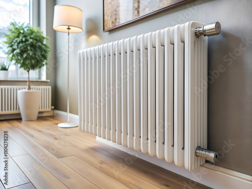 A modern living room showcases a sleek white radiator beneath a window, complemented by a chic lamp and a lush potted plant. Warm wooden flooring enhances the inviting atmosphere