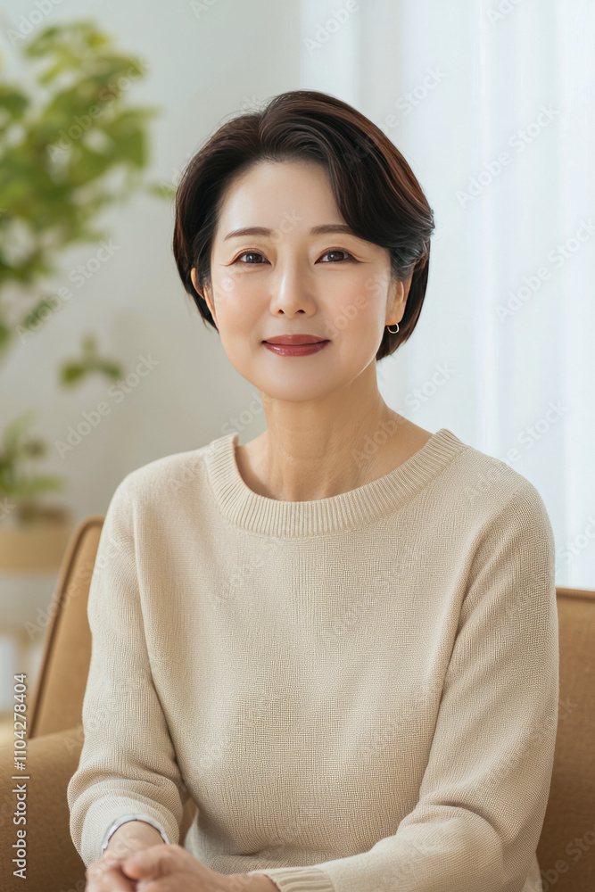 Asian mature female in cream sweater sitting indoors with soft lighting Asian mature female in cream sweater sitting indoors with soft lighting