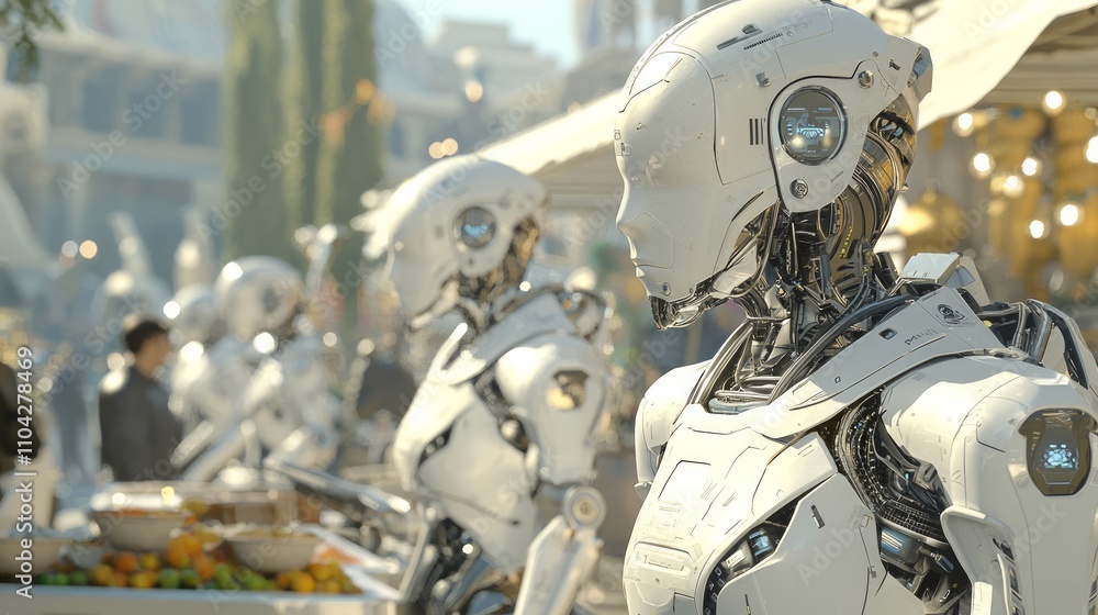 Fototapeta premium Future Market Exchange: Ancient-Egypt Style Trading Hub for Humanoid Robots in a Technologically Advanced Civilization. Ultra-Detailed Digital Artwork.