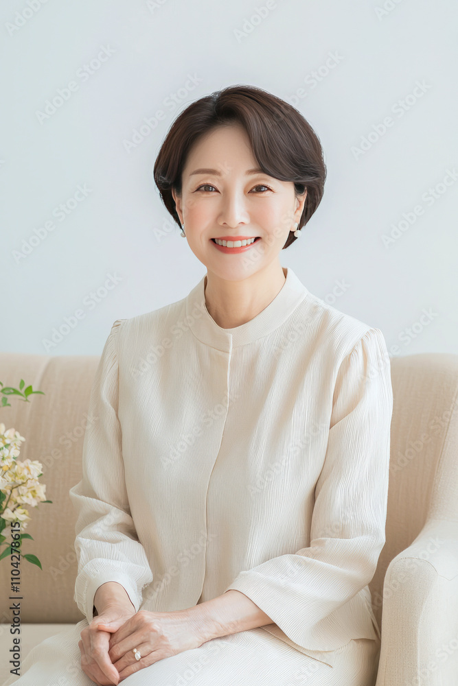 Mature asian female smiling in white blouse on beige couch Mature asian female smiling in white blouse on beige couch