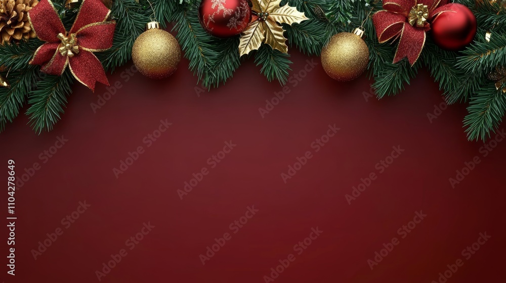 Obraz premium A festive scene brimming with vibrant Christmas decorations, featuring sparkling red bows and natural pine cones against a cheerful red backdrop.