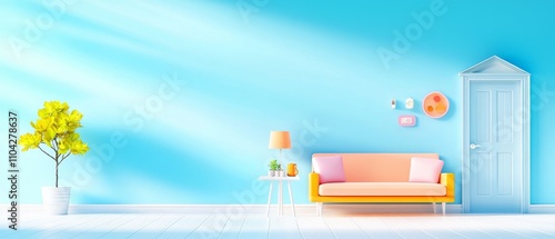 A bright, modern interior featuring a colorful sofa, minimalist decor, a small tree, and a blue wall, creating a cheerful and inviting atmosphere.