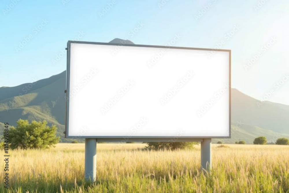 Blank Billboard Surrounded by Lush Green Fields and Mountains under Clear Blue Sky – Ideal for Advertising and Promotional Displays Blank Billboard Surrounded by Lush Green Fields and Mountains under Clear Blue Sky – Ideal for Advertising and Promotional Displays