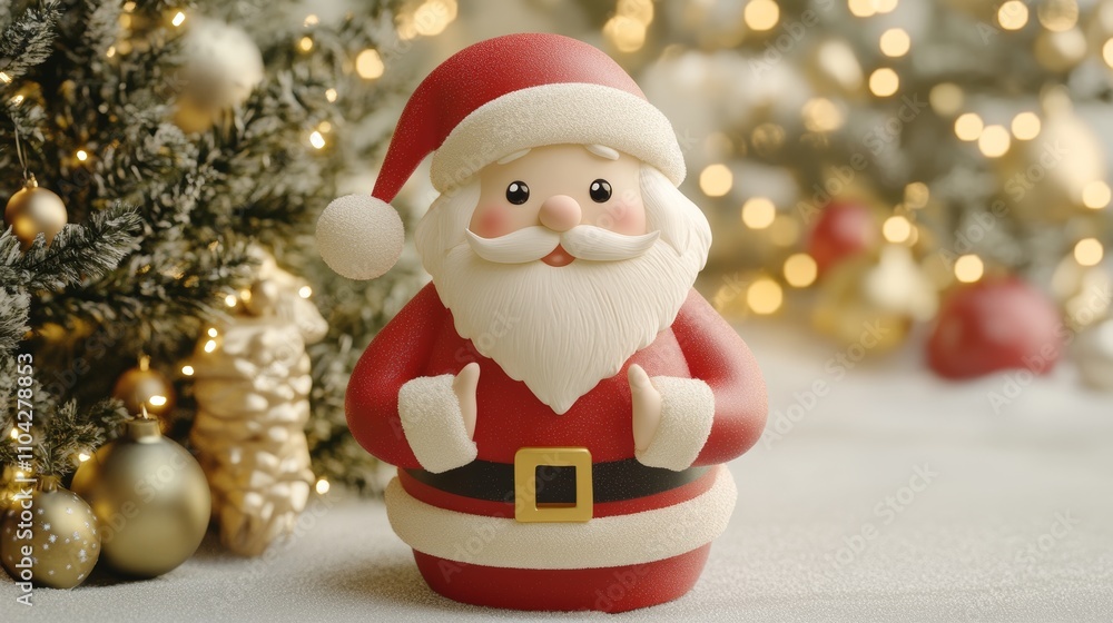 A charming Santa figurine relaxes beside a twinkling Christmas tree, embodying the warmth and joy of the holiday season. A charming Santa figurine relaxes beside a twinkling Christmas tree, embodying the warmth and joy of the holiday season.