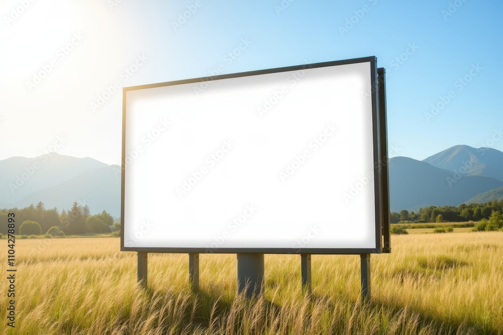 Blank billboard stands in a wide-open field of tall grass against a backdrop of mountains and a clear blue sky, inviting creative advertisements and messages. Blank billboard stands in a wide-open field of tall grass against a backdrop of mountains and a clear blue sky, inviting creative advertisements and messages.