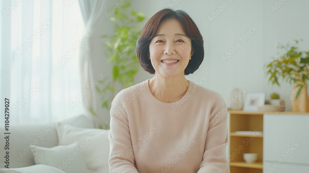 Smiling asian mature female relaxed at home in cozy living room Smiling asian mature female relaxed at home in cozy living room