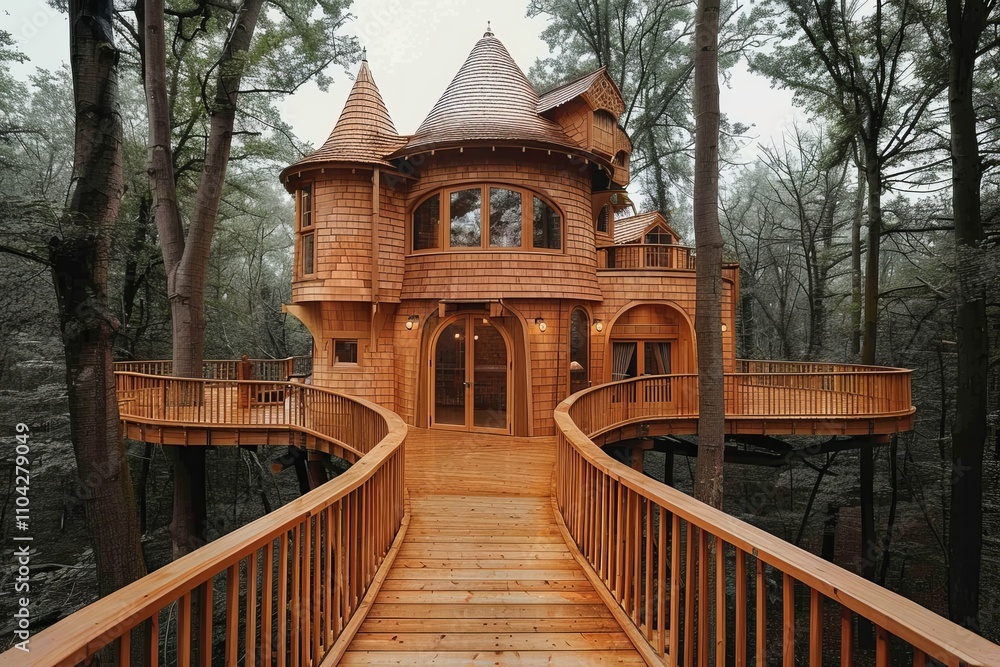 Beautiful wooden treehouse in a serene forest setting with unique architecture and surrounding wooden walkway Beautiful wooden treehouse in a serene forest setting with unique architecture and surrounding wooden walkway
