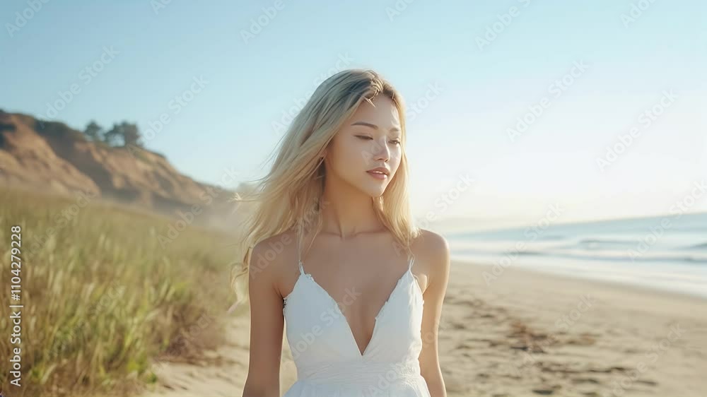 Blonde Asian Woman Walking on a Sunny Morning Beach Blonde Asian Woman Walking on a Sunny Morning Beach