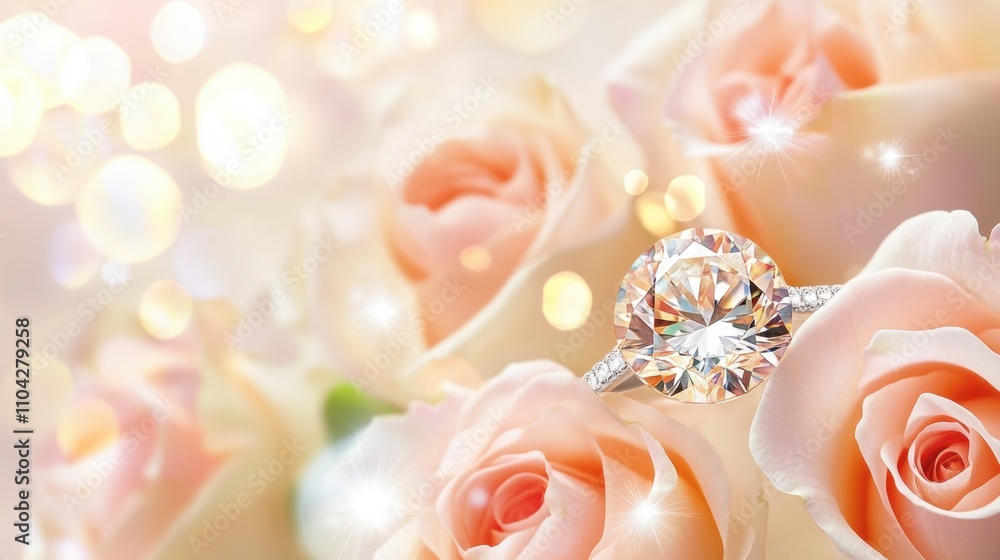 Elegant Diamond Ring Surrounded by Soft Pink Roses on a Bright Background Elegant Diamond Ring Surrounded by Soft Pink Roses on a Bright Background