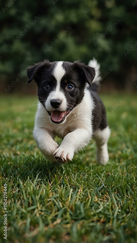 Black and white puppy running on green grass. Black and white puppy running on green grass.