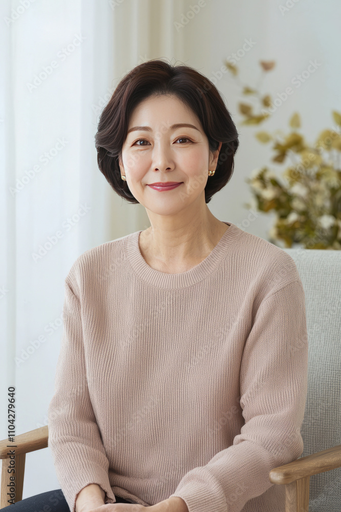 Mature asian female smiling in cozy sweater, seated indoors Mature asian female smiling in cozy sweater, seated indoors