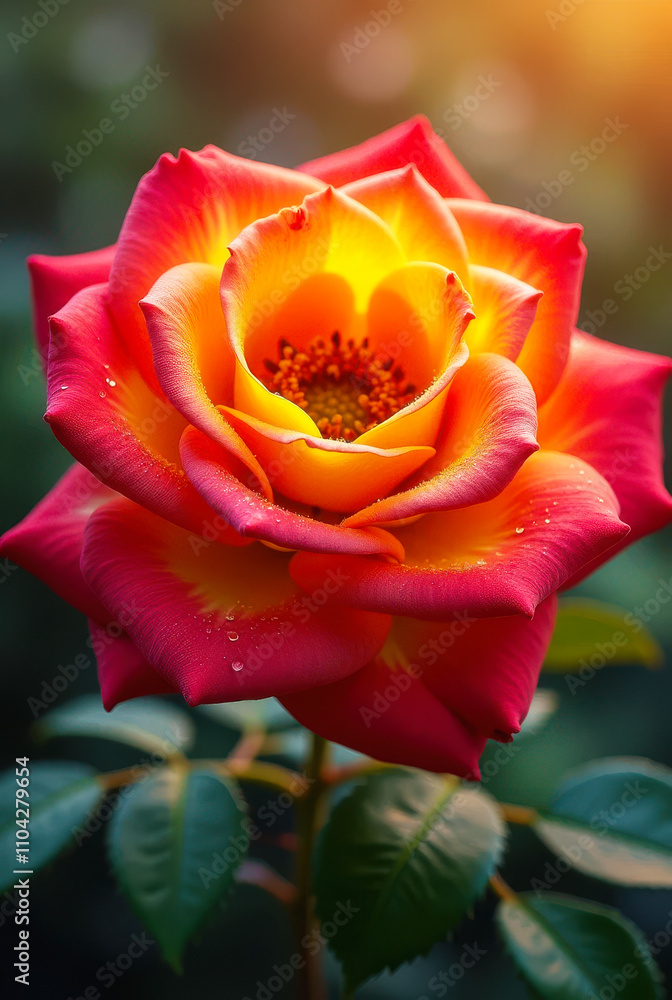Close-up of a vibrant rose with bright red outer petals fading into bright yellow inner petals decorated with water droplets. Blurred background. Generative AI. Close-up of a vibrant rose with bright red outer petals fading into bright yellow inner petals decorated with water droplets. Blurred background. Generative AI.