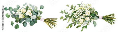 A watercolor arrangement of eucalyptus flowers. Clipart of greenery branches and jasmine flowers. A foliage bouquet for weddings, stationery, invitations, and cards. Illustration on a white