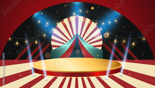 Background with circus stage and red theater curtains. 3d Carnival show podium with frame with light bulbs, vector illustration.