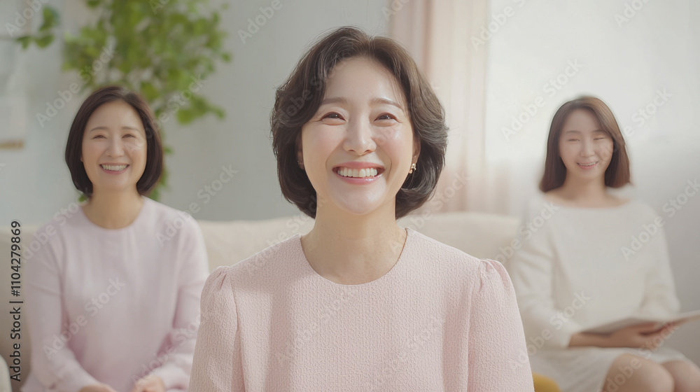 Three smiling asian women in a bright living room setting Three smiling asian women in a bright living room setting
