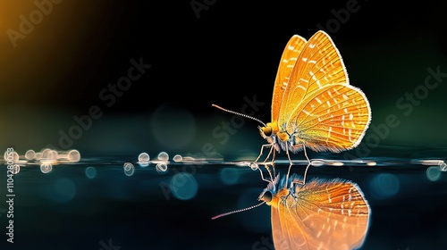 A vibrant orange butterfly perched delicately on water, reflecting its beauty. Nature's masterpiece showcasing intricate patterns and colors.