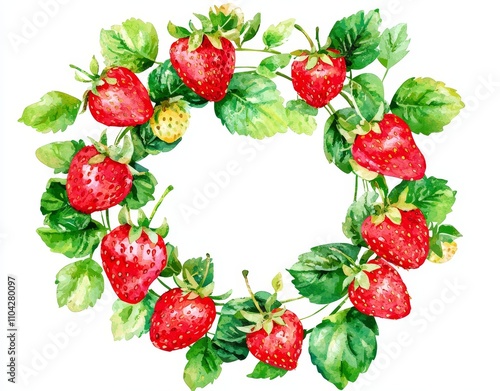 Watercolor clipart featuring strawberries, with isolated elements including leaves and flowers on a transparent background. This hand-painted realistic illustration is perfect for tea, jam, or