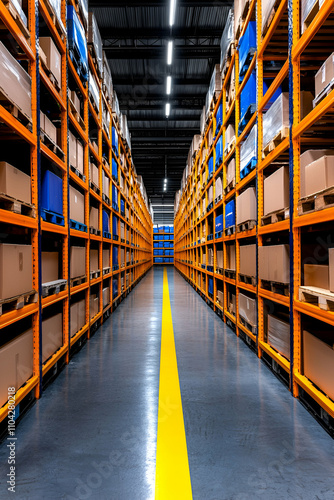 A warehouse aisle lined with tall shelves filled with boxes, featuring bright lighting and a yellow floor line guiding through the storage space.