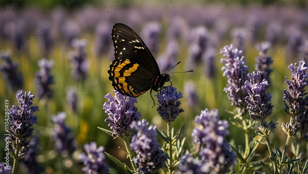Black and yellow butterfly in a French lavender field. Black and yellow butterfly in a French lavender field.