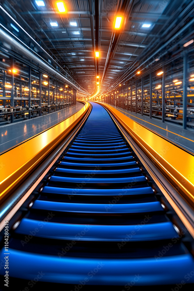 A dynamic perspective of a conveyor belt leading into a bright, illuminated space, capturing a sense of movement and industrial design. A dynamic perspective of a conveyor belt leading into a bright, illuminated space, capturing a sense of movement and industrial design.