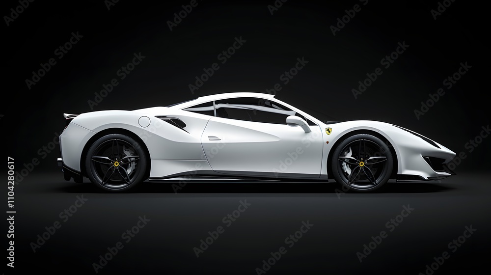 Sleek white sports car, a masterpiece of automotive design. The sharp lines and curves, set against a dark backdrop, create a dramatic image. Sleek white sports car, a masterpiece of automotive design. The sharp lines and curves, set against a dark backdrop, create a dramatic image.
