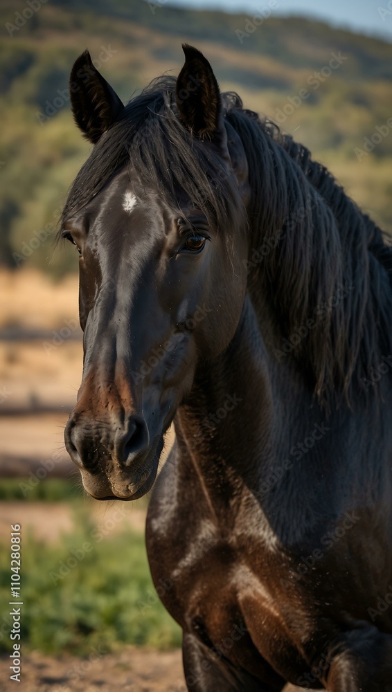 Fototapeta premium Black Berber stallion in paddock.