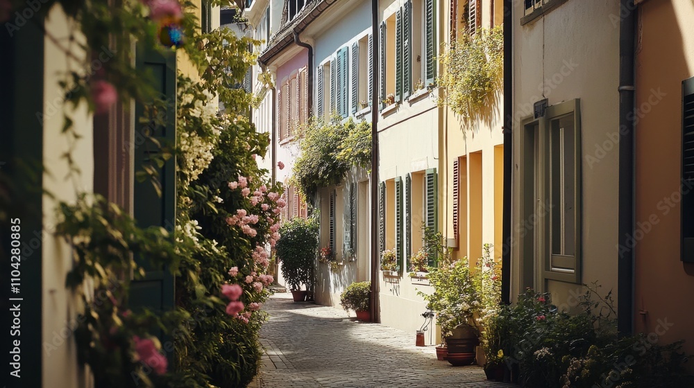 Obraz premium Charming European Alleyway with Colorful Buildings and Flowers