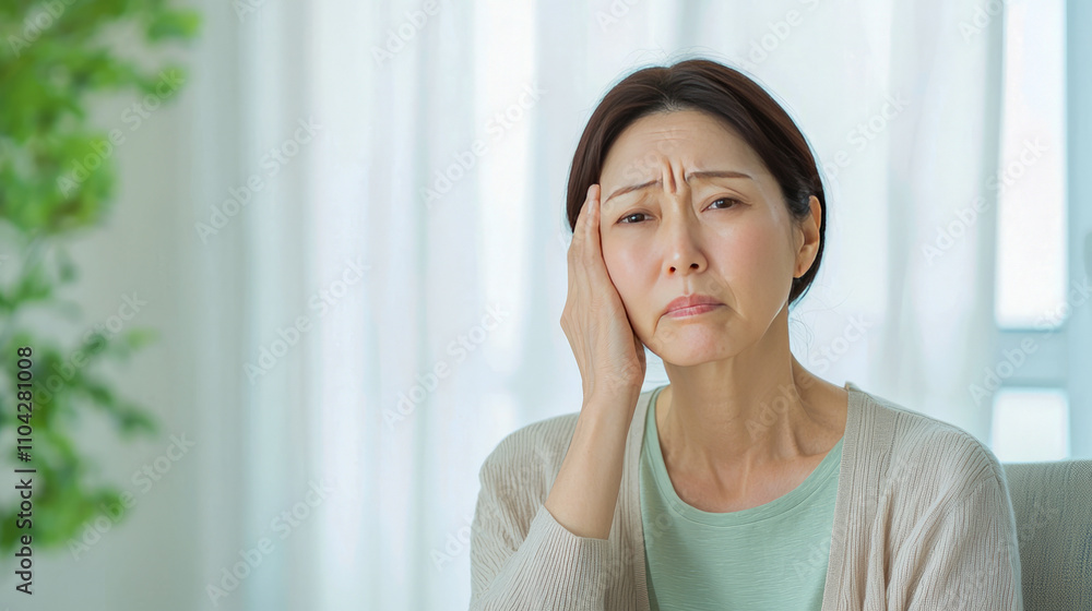 Mature asian woman experiencing headache at home Mature asian woman experiencing headache at home