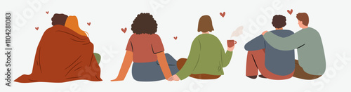 Set of love equality concept with diverse gay and hetero couple hugging.