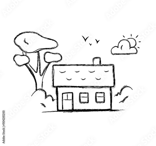 Cute charcoal house composition with tree, sun, clouds and birds.