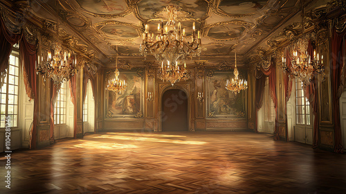 Forgotten ballroom with faded grandeur and magnificent chandeliers in soft light photo