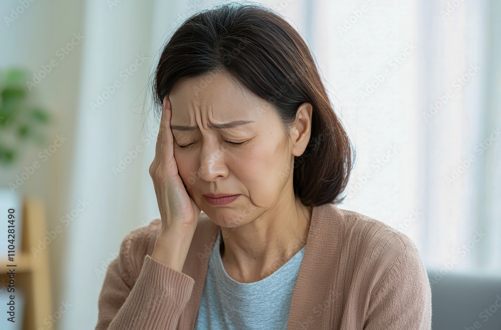 Asian mature woman holding head in painful expression at home Asian mature woman holding head in painful expression at home