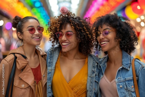 Friends enjoying a colorful day at a market under vibrant decorations in the afternoon