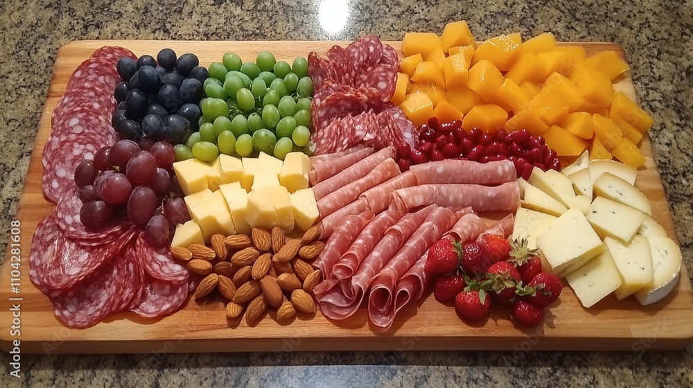 Assortment of Meats and Cheeses with Fresh Fruits on Wooden Board Assortment of Meats and Cheeses with Fresh Fruits on Wooden Board