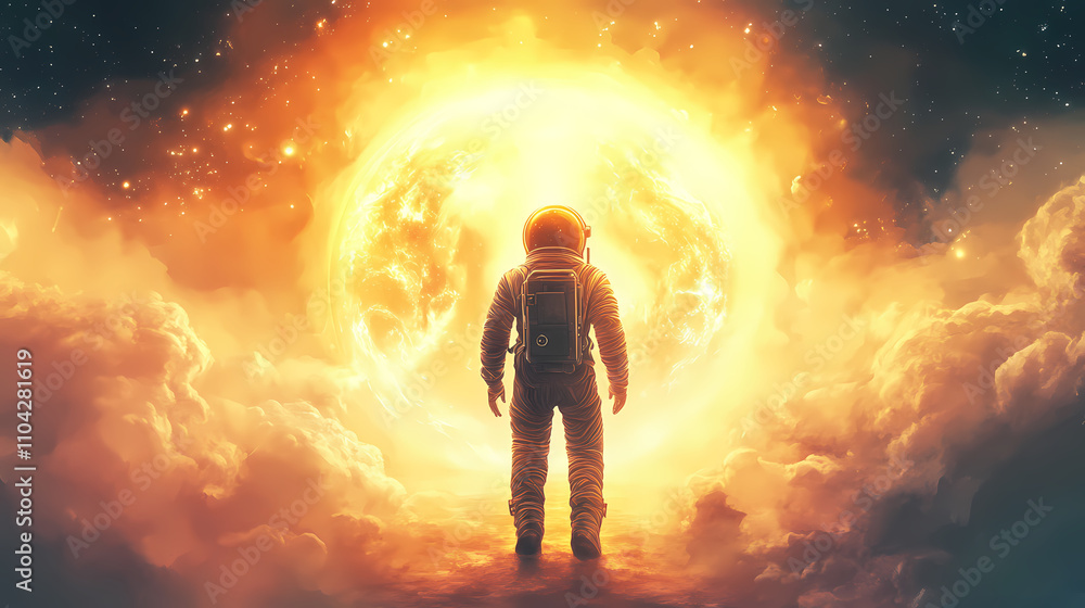 Cosmonaut on threshold of transcendent galactic gateway. futurity. illustration. Transcendent. Illustration