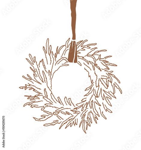 Whimsical Christmas wreath with bow in winter Italian aesthetic. Hand-drawn line doodle graphic for wall art prints, greeting cards, branding, collages.	