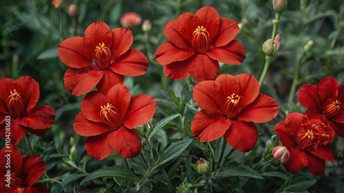 red flowers, flowers, plants, red, plantation, green leaves, green