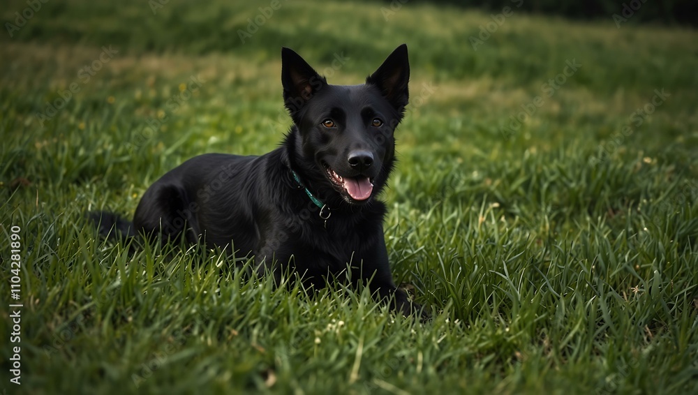 Black dog in a green field. Black dog in a green field.