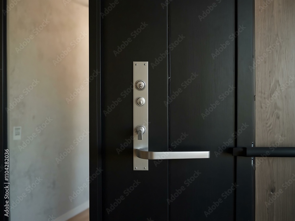 Black door with locks in a modern home setting. Black door with locks in a modern home setting.