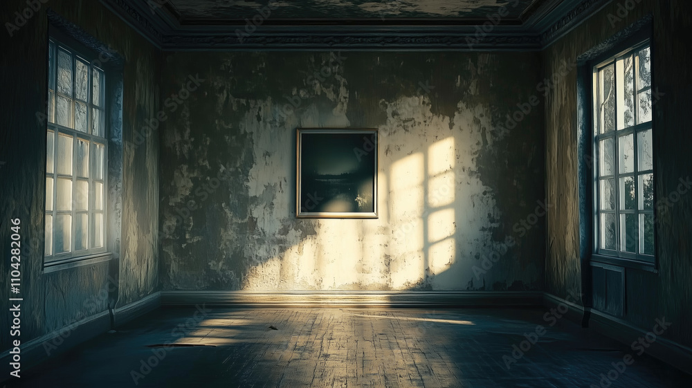 Fototapeta premium Empty room with a picture hanging on the wall. Generative AI
