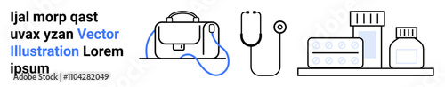 Stethoscope, first aid kit, tablet pack, medicine bottles. Ideal for healthcare, pharmaceutical sites, medical blogs, e-commerce, educational materials, telemedicine, veterinary services Landing